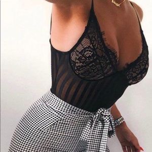 Black eyelash lace detail mesh bodysuit